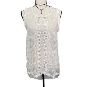 W5 Ivory Boho Embroidered Crochet Lace Sheer Tank Top Festival Medium